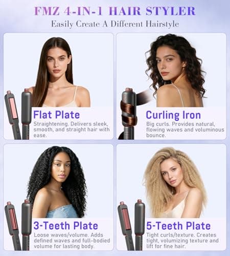 FMZ Flat Iron Hair Straightener Curler and Crimper, Professional 4 in 1 Hair Styling Irons for Straightening, Crimping, Curling, Dual Voltage, Auto Shut-Off, Small and Portable for Women Travel Home - Thumbnail 3