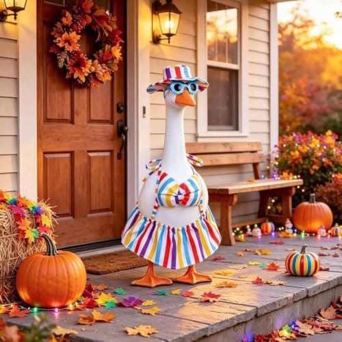 yuboo Bikini Porch Goose Outfits, Rainbow Summer Goose Clothes with Sunglasses and Sun Hat for 23" Cement Lawn Geese Pride Party Decorations, Outdoor Garden Patio Yard Statue Decor - Thumbnail 2