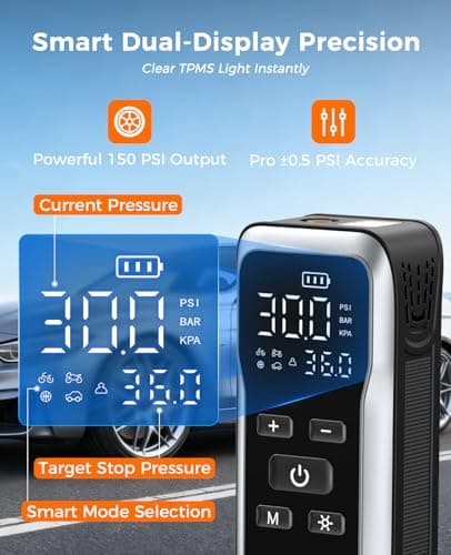 JUSUOX Tire Inflator Portable Air Compressor, Dual Power (Cordless & 12V DC) Air Pump for Car Tires, 150PSI Fast Air Pump for Moto, Bike, Large Capacity Battery, Digital Gauge with Emergency LED Light - Thumbnail 4