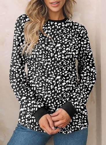BLENCOT Long Sleeve Tops for Women Crewneck Leopard Print Casual Blouse Trendy Fall Sweatshirt Graphic Tunic Winter Clothing Ladies Blouse XX-Large Polka Dots Black - Thumbnail 2