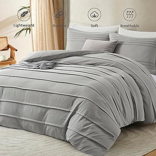 Oli Anderson Light Grey Duvet Cover King Size - Pleated King Duvet Cover, 3PCS Soft and Breathable Textured Bedding Set with Zipper Closure(Light Grey,104"x90") - Thumbnail 2