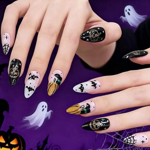 Tesytto 10pcs Almond Press on Nails - Halloween White Black False Nails with 3D Bat, Pumpkin & Cobweb Designs, Reusable Acrylic Press on Nails for Women (Spooky Vibes,S) - Thumbnail 2