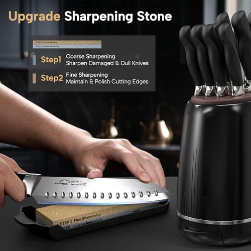 Knife Set, Amorston 14-Piece Kitchen Knives Set with Block & Sharpening Stone, Stainless Steel Dishwasher Safe, Knife Block Set with Ergonomic Handle, Professional Kitchen Knives for Home Cooking - Thumbnail 4