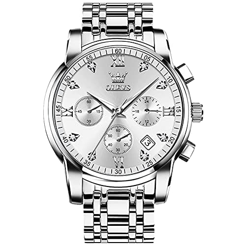 OLEVS Watch Men Silver Watches for Men Stainless Steel Analog Quartz Mens Watches Dress Waterproof Metal Band Luxury Wrist Watch for Man with Day Date Diamond Large Face Chronograph Reloj para Hombre