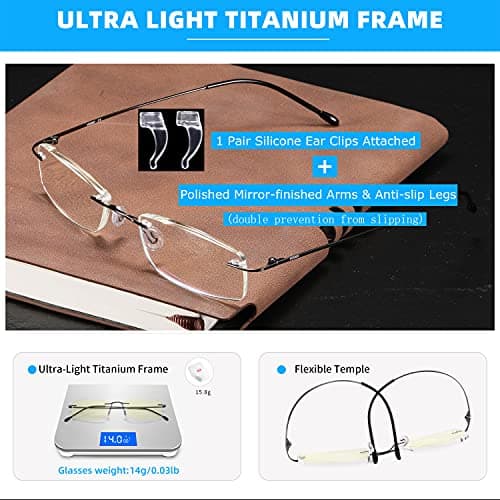 TOVEEN Titanium Rimless Reading Glasses Blue Light UV Blocking, Ultralight Frameless Spring Hinge Readers with Case for Men Women 1 Pair Silver +2.5 - Thumbnail 4