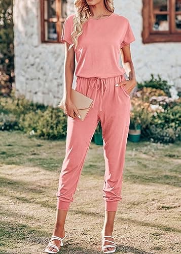 KIRUNDO Jumpsuits for Women Summer 2026 Casual Short Sleeve One Piece Outfits Drawstring Waist Long Pants Romper Jumpers(Light Pink, Small) - Thumbnail 2