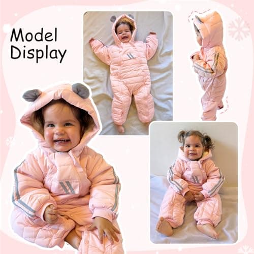 JiAmy Baby Snowsuit Baby Bear Hooded Winter Outfit Double Girl Boy Zipper Winter Clothes Romper Pink 3-6 Months - Thumbnail 5