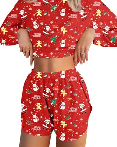 JUSTFASHIONNOW Womens Christmas Pajama Sets Long Sleeve Top and Split Shorts Holiday Lounge Set Loungewear Crew Neck Snowman Print Sleepwear Soft Pjs Xmas Winter Cute Outfits (Red, Small) - Image 1