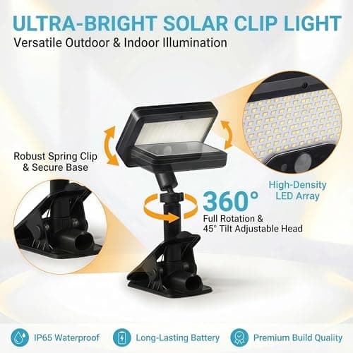 CVchancin Clip on Solar Lights Outdoor with Motion Sensor, Dual-Charge (Solar/Type-C) Solar Fence Lights, 360° Rotatable 92 LED Security Light for Gutter, Deck, Camping, IP65 Waterproof (2 Pack) - Thumbnail 2