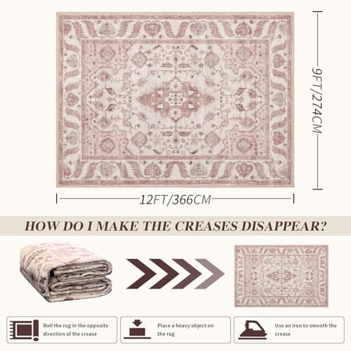 Area Rug 9x12 for Living Room Soft Machine Washable Low Pile Area Rugs Vintage Boho Bedroom,Dinner Room Non-Slip Carpet Rug- Light Pink - Thumbnail 2