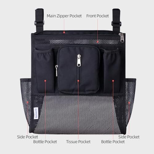 SUNVENO 2-pack Universal Stroller Organizer Caddy with Cup Holders, Wipes Pouch and Extra Storage, Zippered Mesh Side Sling for Pushchair, Black - Thumbnail 4