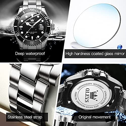 OLEVS Silver Watch for Men with Luminous Day Easy to Read Rotatable Bezel Dial, Stainless Steel Waterproof Analog Quartz Classic Mens Watches Gift para Mujer - Thumbnail 4