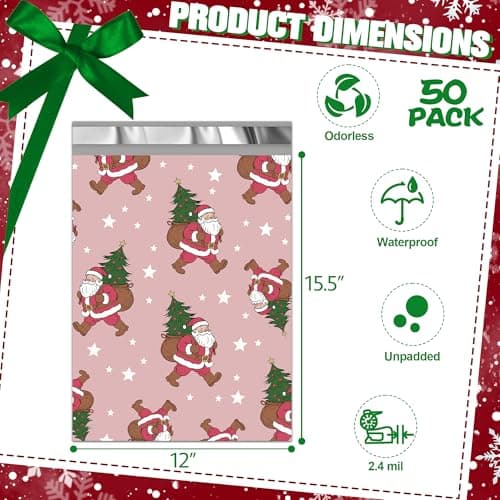 JinRuiKJ Christmas Poly Mailers 12x15.5 Inch 50 Pcs - Heavy Duty Tear-Proof Mailings Envelopes - Waterproof Shipping Bags for Small Business & Boutique - Santa Claus - Thumbnail 3