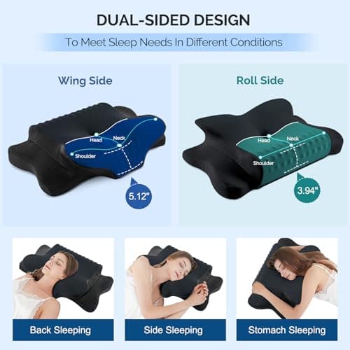 Cervical Pillow for Neck Pain Relief - Cooling Ergonomic Dual-Sided Orthopedic Neck Pillow with Ice Silk Pillowcase, Breathable Memory Foam Contour Pillow for Side, Back, Stomach Sleepers,All Black - Thumbnail 2
