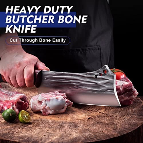 Topfeel 2PCS Meat Cleaver & Heavy Duty Bone Chopper Knife Set, Hand Forged German High Carbon Stainless Steel Butcher Knife for Home Kitchen & Outdoor - Thumbnail 3