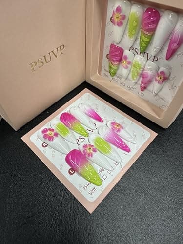 10 pcs Handmade Press on Nails, 3D White, green, Magenta + Magenta flowers Fake Nails,The effect is just like a salon manicure French Reusable Full Cover, Salon Grade Manicure stiletto Size M - Thumbnail 2