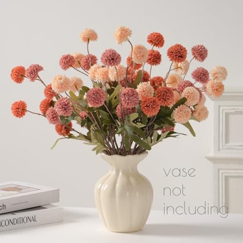 trytuny Fake Fall Flowers for Vase, Faux Silk Kiku Mums, Artificial Pom pom Floral Bouquets Indoor Centerpiece Office Coffee Table Boho Home Decorations (9, Mixed Orange) - Thumbnail 3