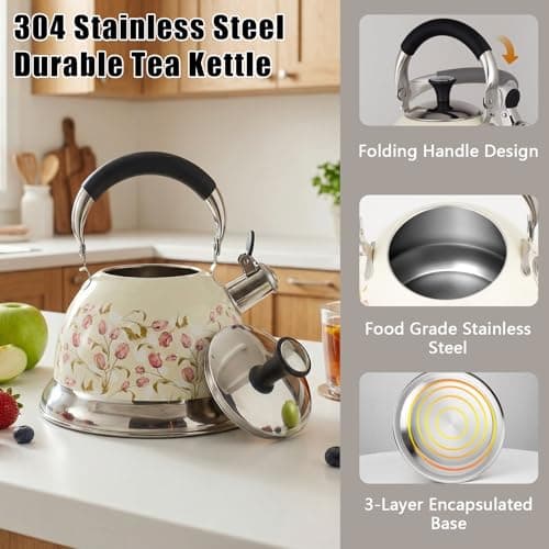 Tinlon Enamel Tea Kettle, 3.1QT Whistling Stovetop Teapot, Folding Handle - Thumbnail 3