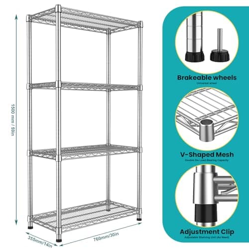 4-Shelf Heavy Duty Metal Wire Shelving Unit Adjustable Industrial Storage Rack Commercial Display Shelves 2200 LBS Sturdy Standing Shelf Garage Shelving for Home Warehouse 13.8"D x 30"W x 59.06"H - Thumbnail 3