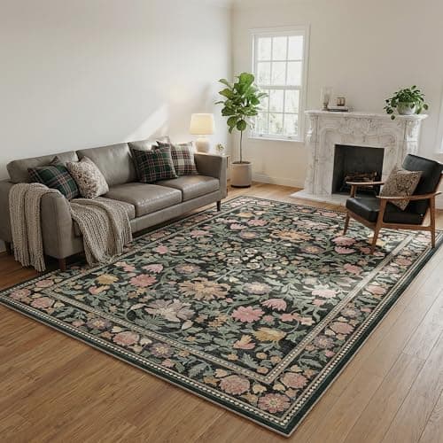 Cnythlis 6'x9' Washable Non-Slip Large Area Rug, Pet- Friendly Vintage Floral 0.26" Low Pile Faux Wool Soft Carpet, Water Resistant for Living Room Bedroom Dining Room, Charcoal Green - Image 1
