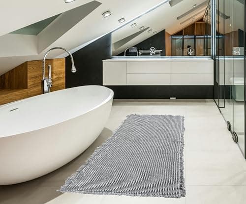 SHIMOH Waffle Bath Mat, Super Absorbent Non-Slip Bath Mats for Bathroom Floor, Machine Washable Bathroom Rugs with Tassels, Rubber Backed Bathroom Mats, Ultra Soft. (Light Gray, 2' X 6')