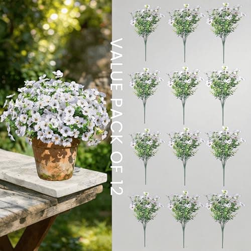 Enlightcode Artificial Mums for Outdoors, Faux Mums of Fake Flowers for Outdoor Planters, No Fade Vibrant Artificial Flowers for Porch Patio Yard Decoration, 12 Bundles, White - Thumbnail 4