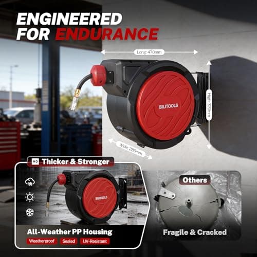 BILITOOLS Retractable Air Hose Reel, 3/8" x 50 ft Hybrid Air Hose Max 300PSI, Enclosed Air Compressor Hose Reel with Smooth Auto Rewind & 5 ft Lead-In Hose, 180° Swivel Wall/Ceiling Mount - Thumbnail 6