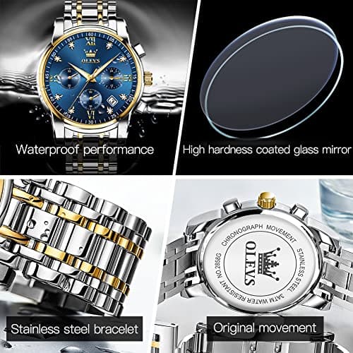 OLEVS Watch Men Silver Stainless Steel Blue and Gold Mens Watches Luminous Waterproof Moon Phase Watches for Men Big Face Chronograph Analog Quartz Wrist Watch for Man Luxury Reloj de Hombre - Thumbnail 4