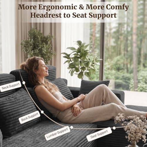 Boneless Couches for Living Room - 134" Modular Sectional Sofa U Shaped Oversized Deep Seat High Back Corduroy No Assembly Modern Cloud Big Comfy Floor Couches (Grey) - Thumbnail 2