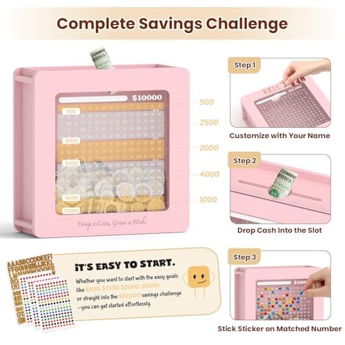 Summidate Wooden Money Saving Box, 10000 Challenge Cash Vault Savings Box with Tracker Stickers and Removable Windows, Reusable Piggy Bank for Adults & Kids, Birthday/Baby Shower/Wedding Gift - Thumbnail 2