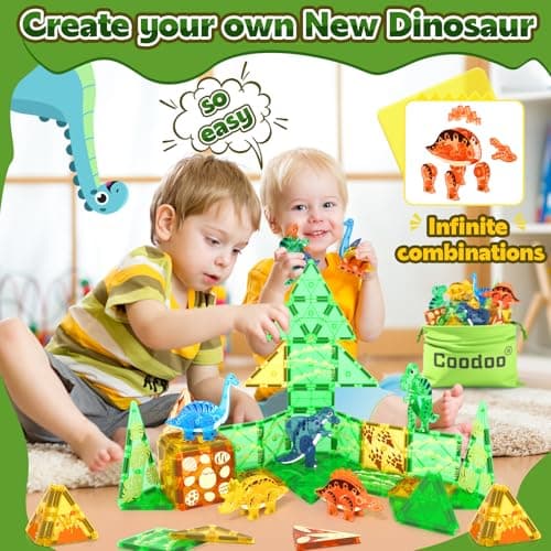 Coodoo Dinosaur Toys Magnetic Tiles 3D Movable Dinos for Kids 3-5 5-7 Toddler Outdoor Sensory Toys, STEM Educational Magnetic Blocks for 3+ Years Old Boys Girls Kids Toy - Thumbnail 5