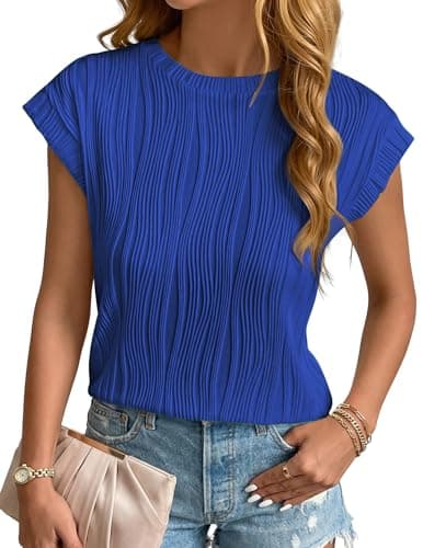 Aprolive Plus Size Blouses for Women Formal Knit Sleeveless Tops Spring Short Sleeve Oversized Plain T Shirts(Blue,Large) - Image 1