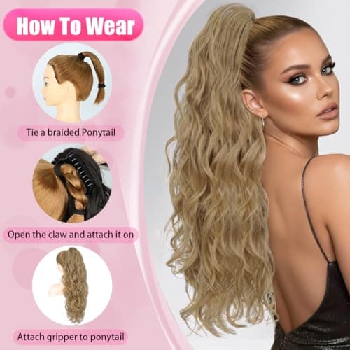 LRSICAL Ponytail Extension, Claw Clip Ponytail Extension Long Wave Ponytail Extensions for Women Fluffy Natural Synthetic 26 Inch Hairpiece for Daily Use(Color:Mocha with Medium Blonde） - Thumbnail 6