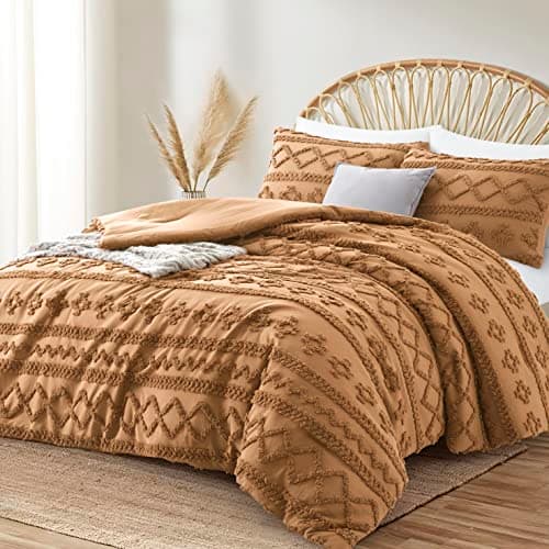 Oli Anderson Pumpkin Brown Queen Comforter Set Tufted Bedding Set Queen 3 Pieces, Boho Shabby Chic Comforter with 2 Pillowcases (Pumpkin Brown,Queen) - Thumbnail 2