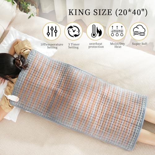 Extra Large Heating pad,XXXL Heating Pad for Back Pain Relief, 20x40 Electric Heating Pad Moist Heat Fast Heating 10 Heat Settings Auto Shut Off Soft Washable Heat Pad for Neck Shoulder Muscle Cramps - Thumbnail 4