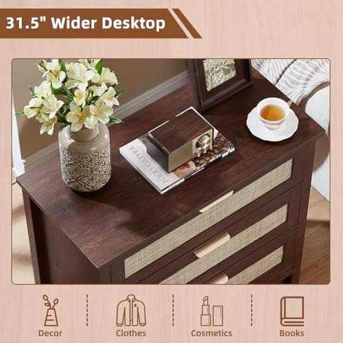 LEYAOYAO 31.5" Wide Rattan Nightstand, Large Boho 3 Drawer Night Stand, Walnut Bedside Table with Storage, Tall Bed Side End Tables, Chest of Drawers Dressers for Bedroom, Living Room, Hallway - Thumbnail 4