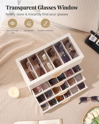 Lolalet 30 Slots Sunglasses Organizer Case for Women, 5-Layer Eyeglass Storage Holder Display Box with Clear Top Lid, Mothers Day Gifts -Cream - Thumbnail 3