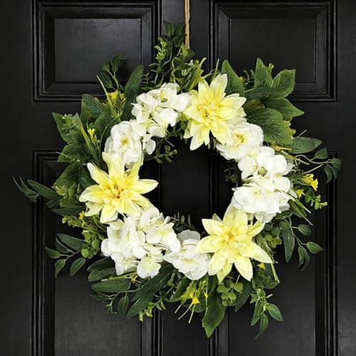 Nztze 22 Inch Wreaths for Front Door, Spring Summer Flower Wreath - Yellow Dahlia and White Hydrangea Artificial Wreath for Easter, Valentines, Front Door, Outdoor, Indoor, Window, Farmhouse Decor - Thumbnail 2
