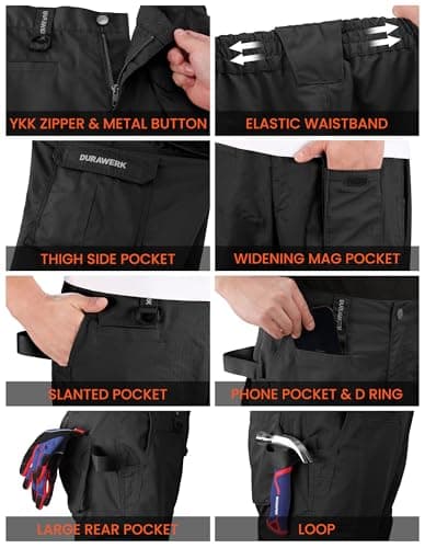 DURAWERK Men's Cargo Pants, Water Resistant Work Pants, Durable Ripstop Tactical Pants, EDC Hiking Pants, Multi Pockets Hunting Pants for Outdoor Climbing Traveling Camping Fishing (Black, 34WX30L) - Thumbnail 4