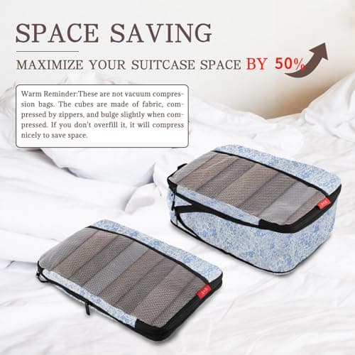 U+U 6 Set Compression Packing Cubes - Ultralight Travel Organizers with Laundry Bag, Space-Saving Suitcase Organizer for Travel, Business Trip and Family Vacation (Blue Flower) - Thumbnail 3