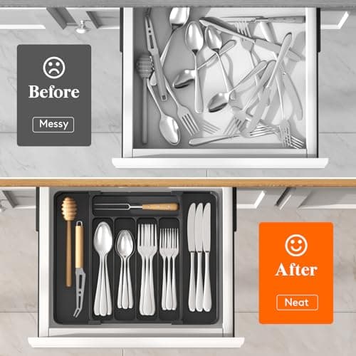 Lifewit Silverware Organizer for Drawer, Expandable Utensil Tray, BPA-Free Adjustable Cutlery Holder for Kitchen Storage, 8.1-13.9 x 11.3, Black - Thumbnail 6
