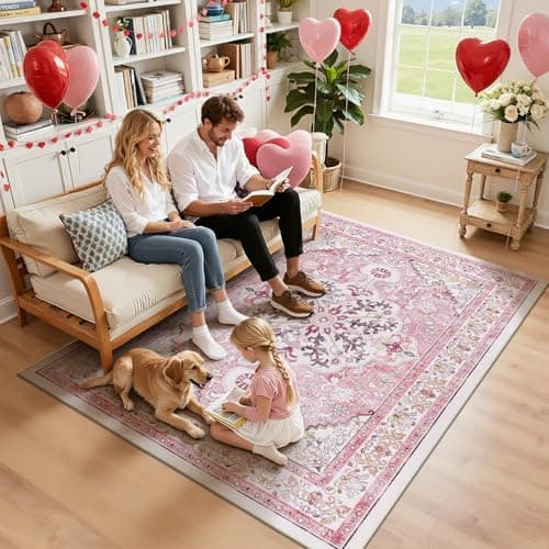 U'Artlines Pink Area Rug 5x7 Boho Washable Soft Carpet for Living Room Bedroom Dining Room Office Indoor Rugs for Home Decor - Thumbnail 5