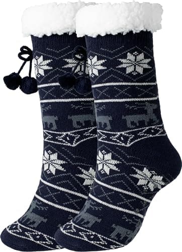 BenSorts Warm Slipper Socks for Women Plush Socks With Grips Grippers Non Slip Sleep House Socks Soft Thick Mothers Holiday Gift Christmas Blue - Image 1