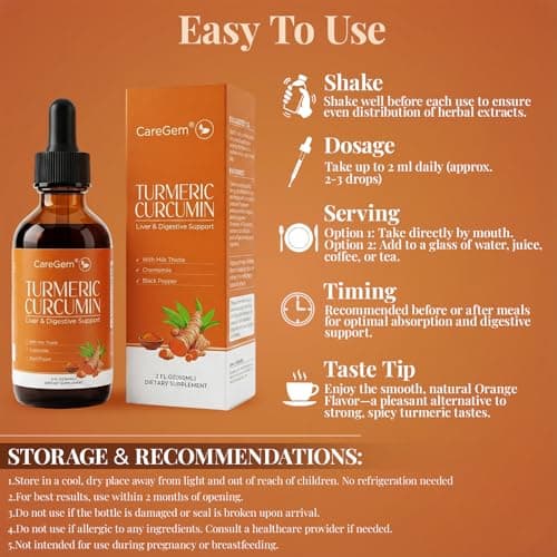 CareGem Turmeric Curcumin Complex Liquid Drops with Milk Thistle, Dandelion & Chamomile | High-Absorption Herbal Blend with Black Pepper & Ginger | Orange Flavor | 2 fl oz - Thumbnail 5