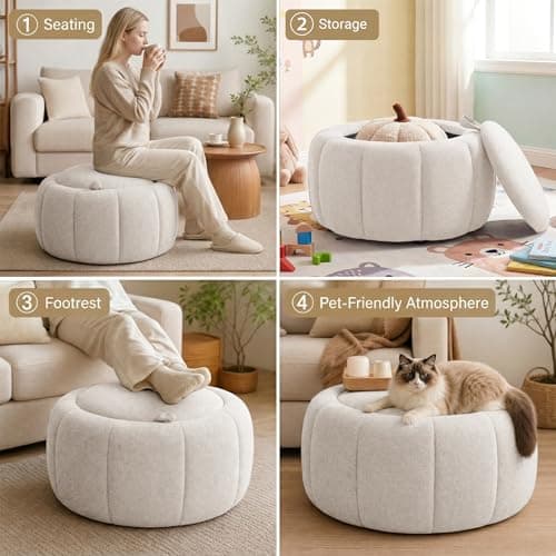 Tbfit Round Storage Ottoman with Hidden Storage, 27.2 x 27.2 x 15.8 Inches - Thumbnail 4