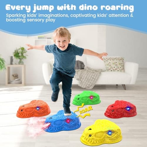 Dinosaur Toys for Kids 3-5, Mist Spraying Dino Roaring & Light up Stepping Stones for Kids, Indoor & Outdoor Durable Non-Slip Sensory Balance Stones with 5 Rechargeable Batteries, Great Toddlers Gift - Thumbnail 2