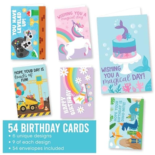 Hadley Designs Happy Birthday Cards for Kids with Envelopes - 54 Assorted Kids Birthday Cards Bulk for Classroom, Generic Children Greeting Card Pack for Students, Bday Notecards, Designed in USA - Thumbnail 3