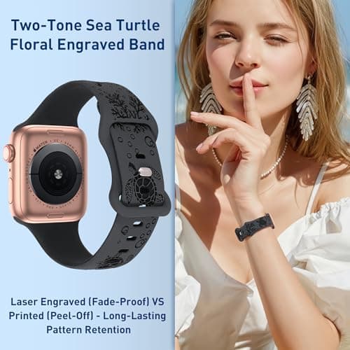 HMFCBFSS Engraved Cute Sea Turtle Band Compatible with Apple Watch Bands for Women Men 38mm 40mm 41mm 42mm, Stylish Two-Tone Floral Soft Silicone Sport Strap Fit iWatch Series 11 10 Se 9 8 7 6 5 4 3 2 1 (Coal ash/Black, 38mm/40mm/41mm/(42mm-Series 11 10) - Thumbnail 5