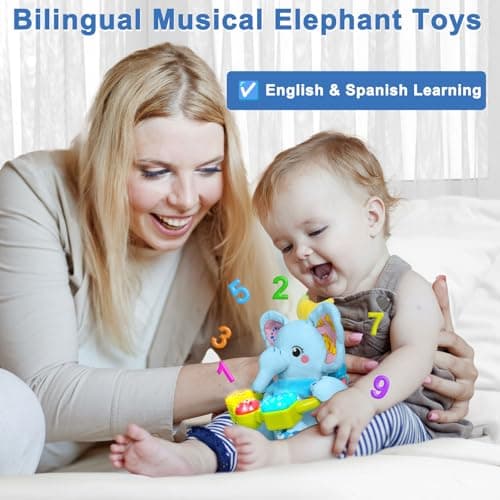 Baby Elephant Musical Stuffed Animals Toy with Light-Up Music & Crinkle,Infant Bilingual Early Learning Education Toys,1st Easter Basket Shower Stuffers for 0-3-6-12+ Months Boy Girl Gifts,Blue - Thumbnail 5