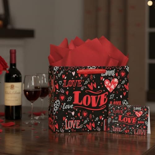 Love Black Gift Bag Card - 10"H x 12"L Love-Themed Gift Bag with Ribbon Handle 3 Red Tissue Papers Folding Card Black Envelope Romantic Gift Wrapping for Anniversary Date Night Wedding for Wife Best Friends Family Mother Birthday - Thumbnail 6